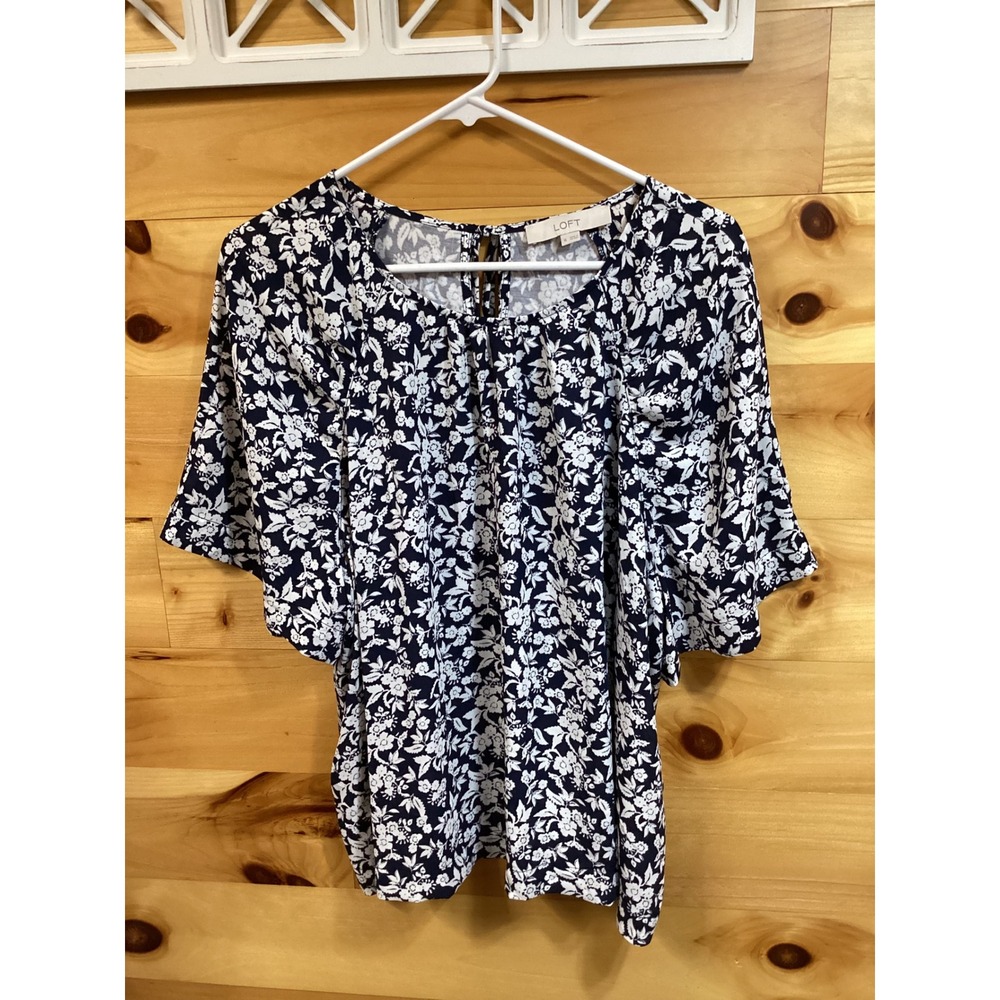 LOFT Womens XL Navy Blue White Floral Flutter Sleeve Mixed Media Blouse Top